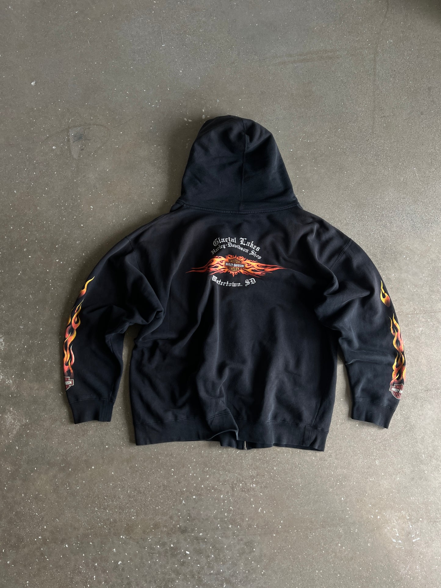 Vintage Black Harley Davidson Flames Hoodie - XL