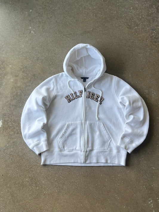 Vintage White Hilfiger Spellout Zip Hoodie - XL