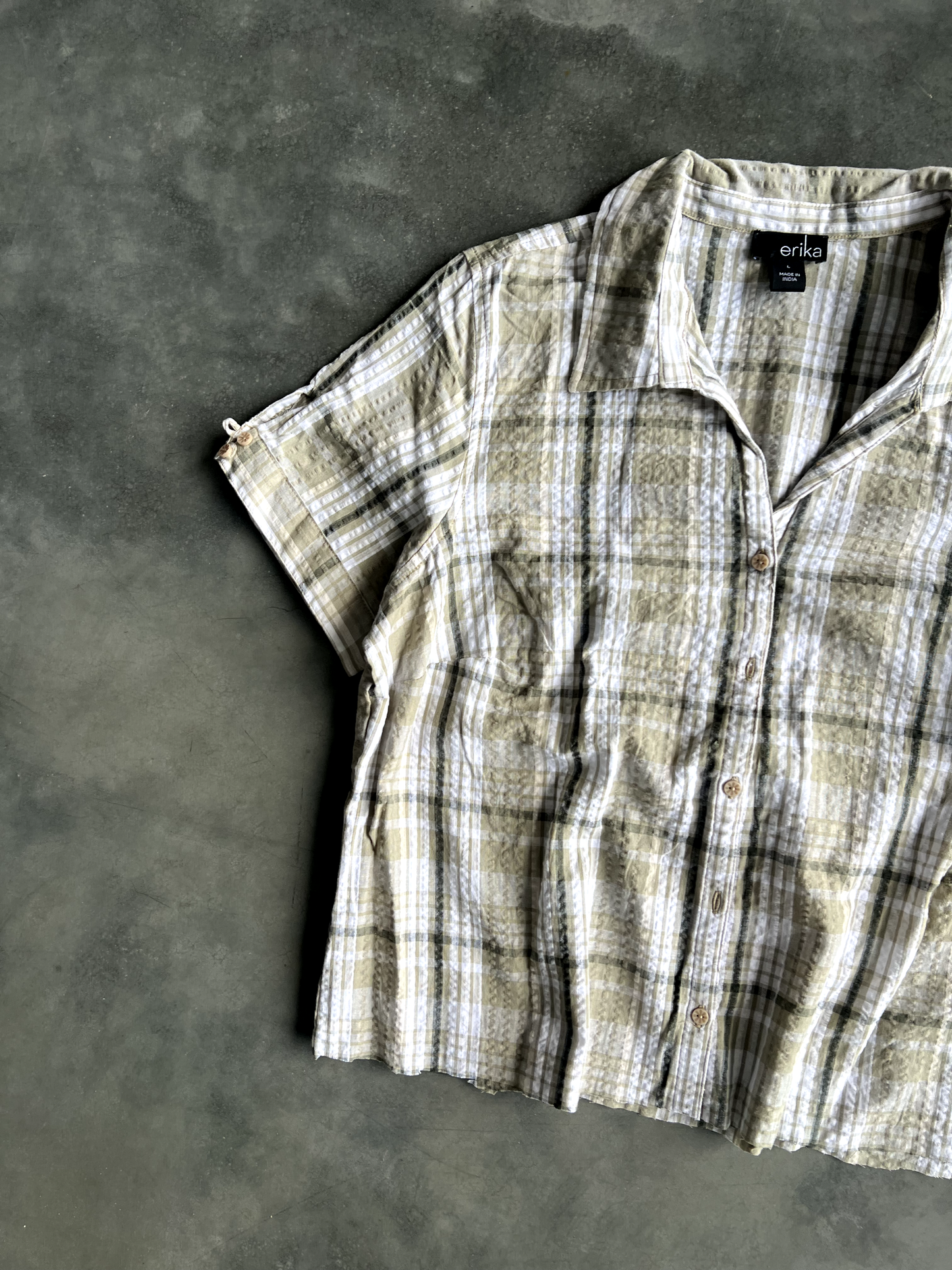 Vintage Green And White Striped Button Up Tee - L