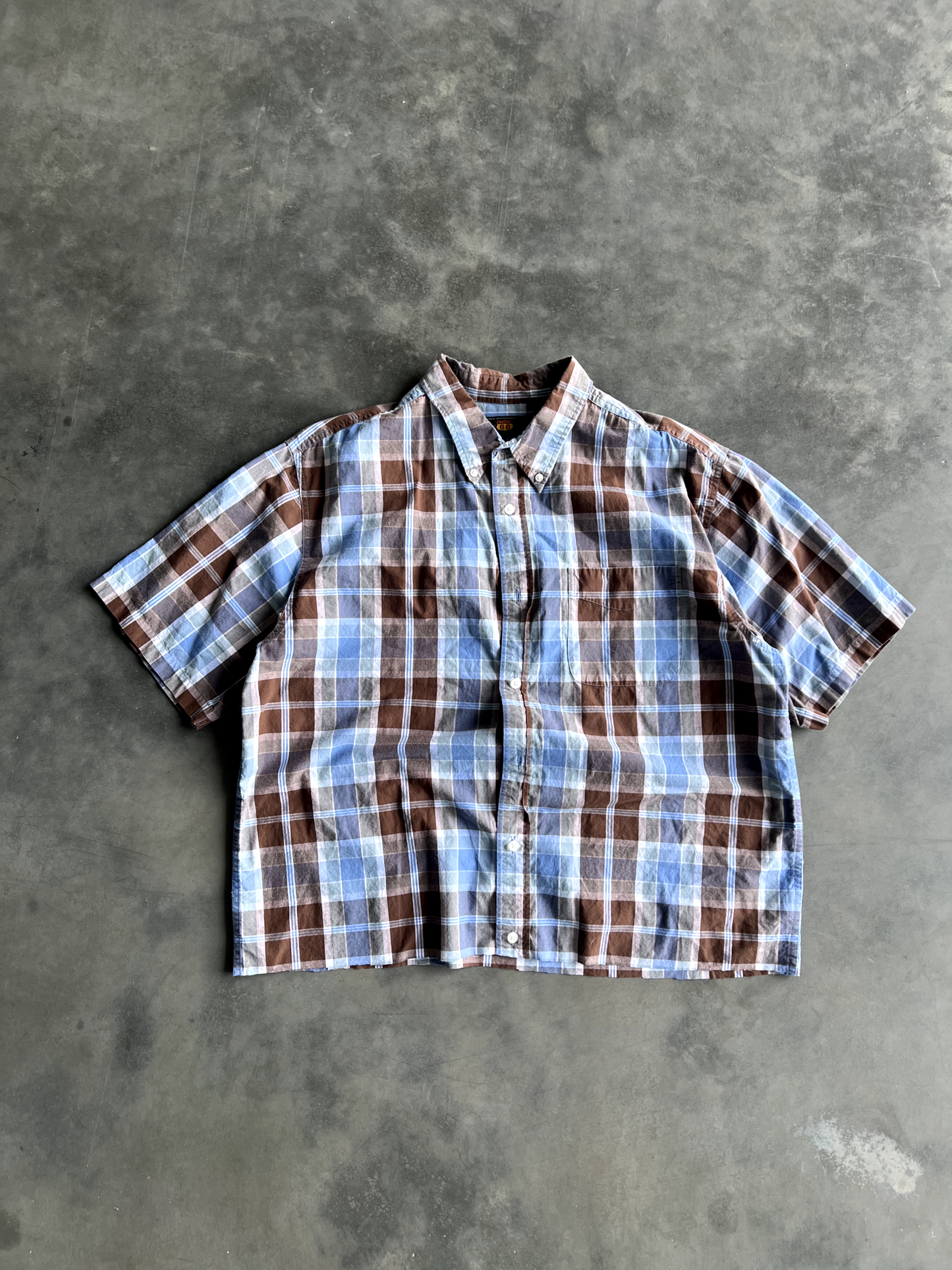 Vintage Blue and Brown Striped Button Up Tee - L