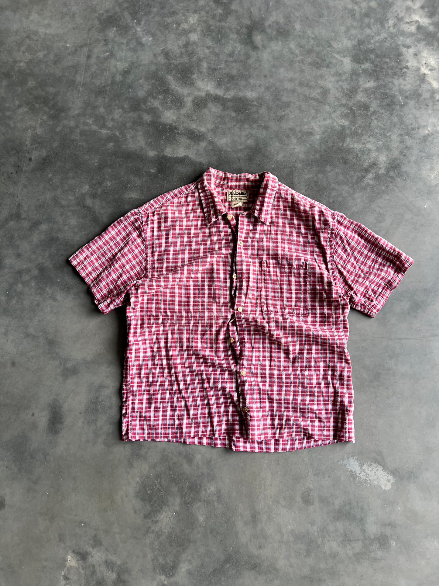 Vintage Red Striped Button Up Tee - XL