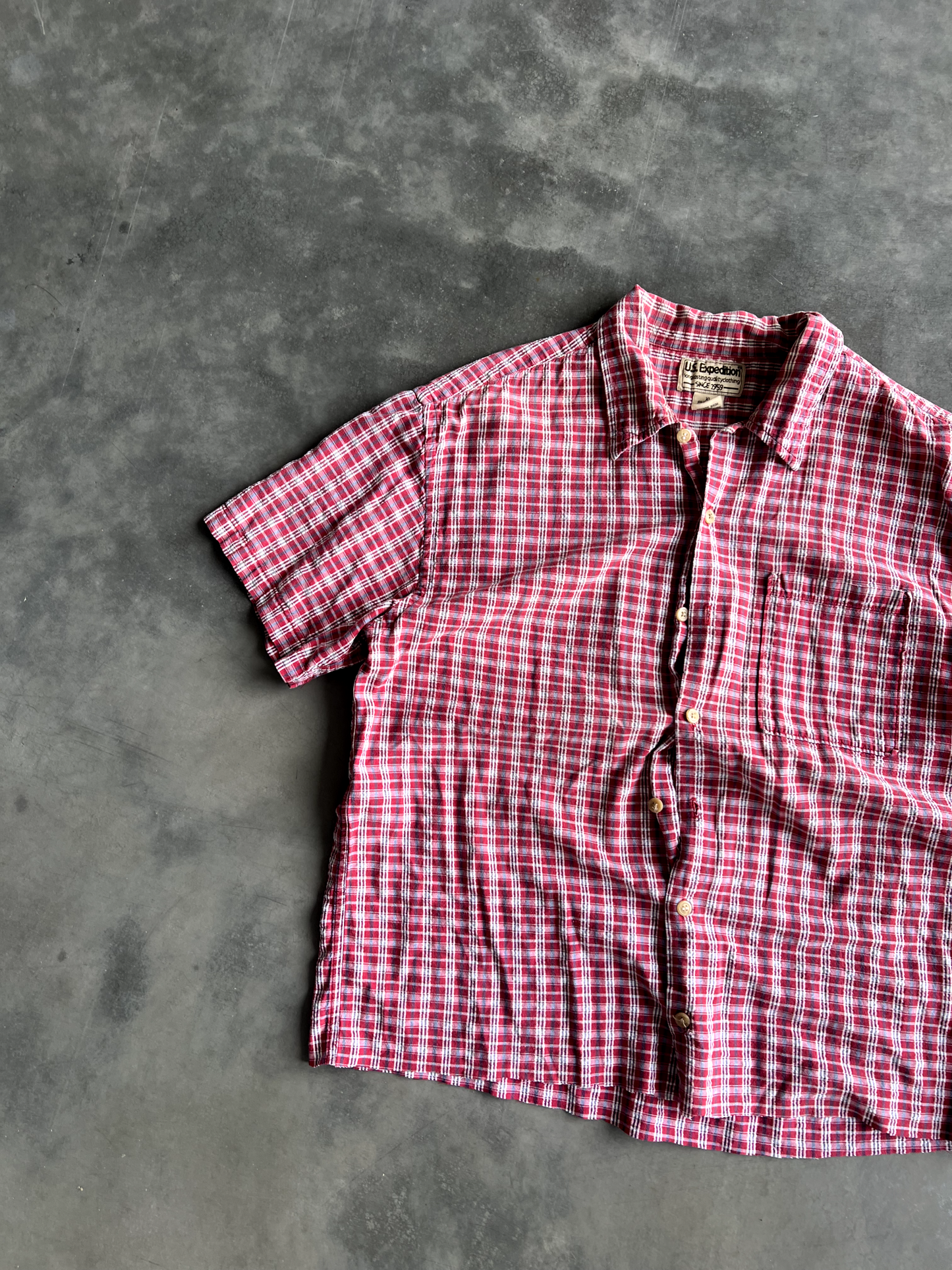 Vintage Red Striped Button Up Tee - XL
