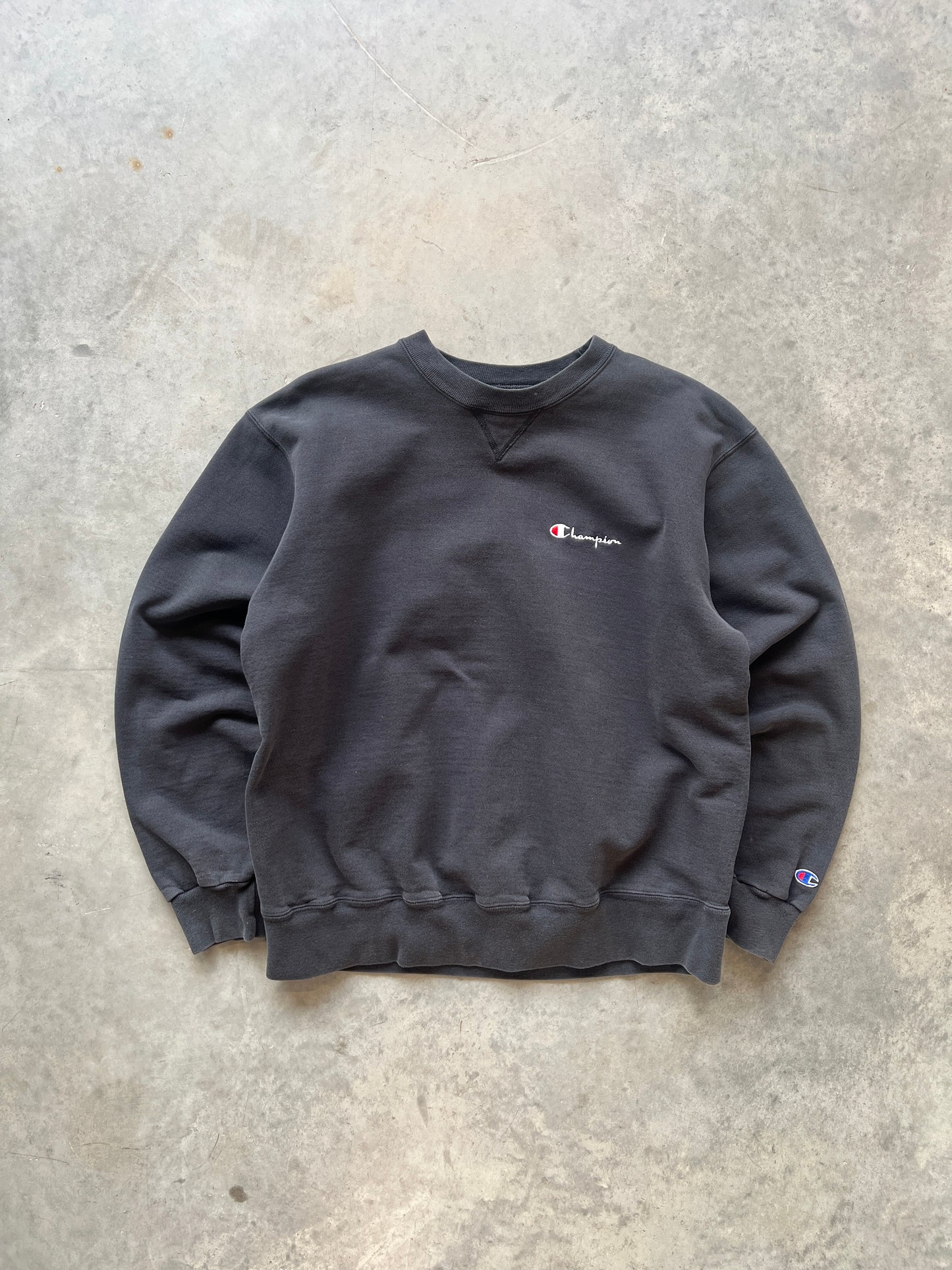 Vintage Black Champion Spellout Crew - L