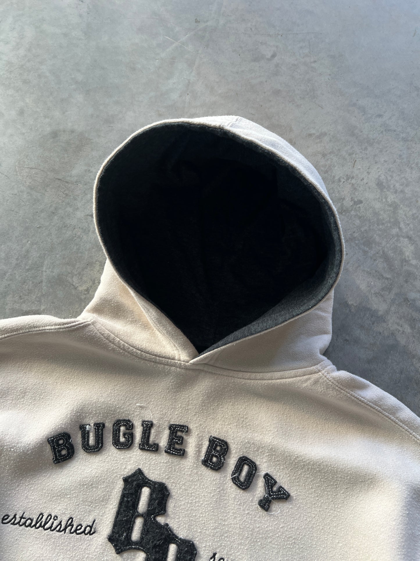 Vintage Tan Bugle Boy Spellout Hoodie - XL