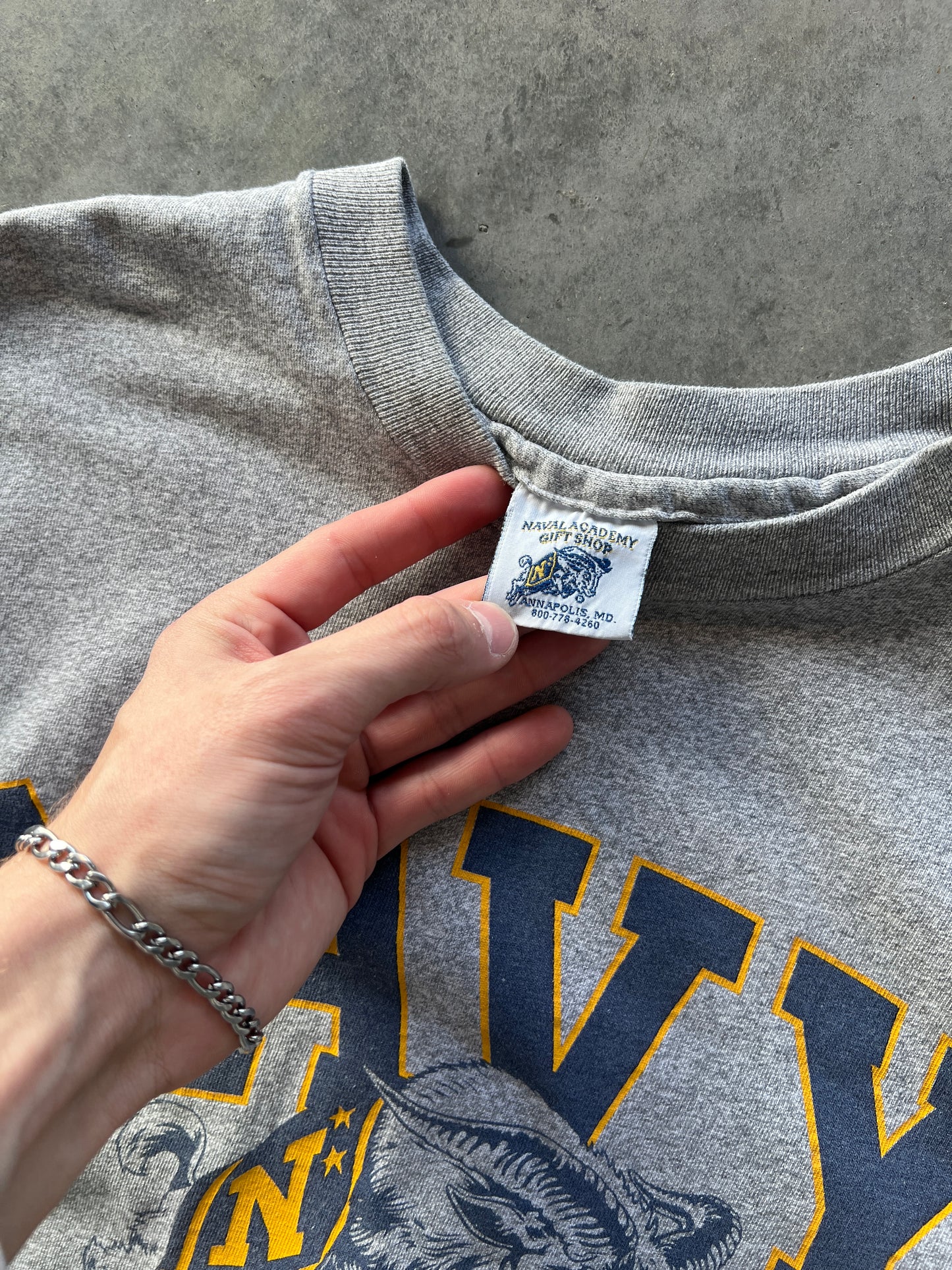 Vintage Grey Navy Tennis Spellout Shirt - M