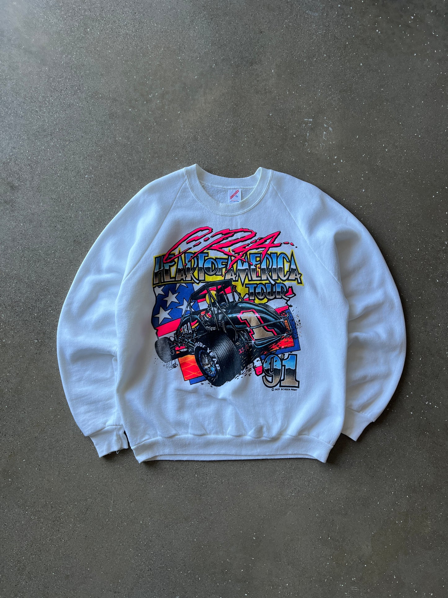 Vintage White and Neon Autographed Race Crew Neck Sweater - XL