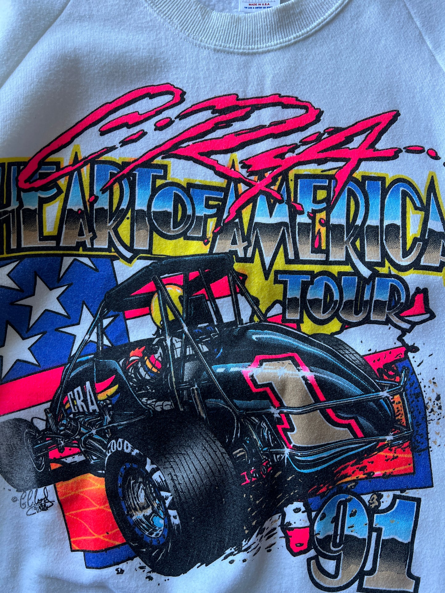 Vintage White and Neon Autographed Race Crew Neck Sweater - XL