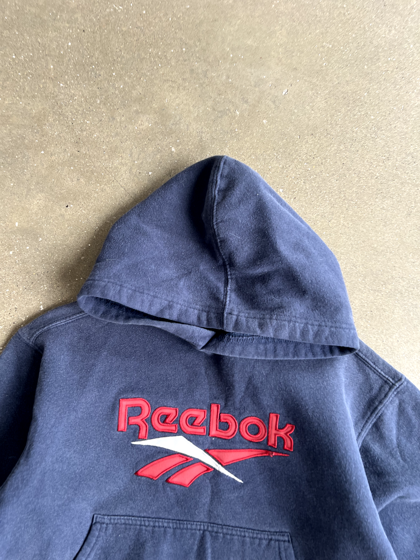 Vintage Navy Blue Reebok Spellout Hoodie - S