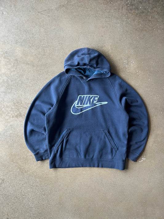 Vintage Navy Blue Nike Spellout Hoodie - L