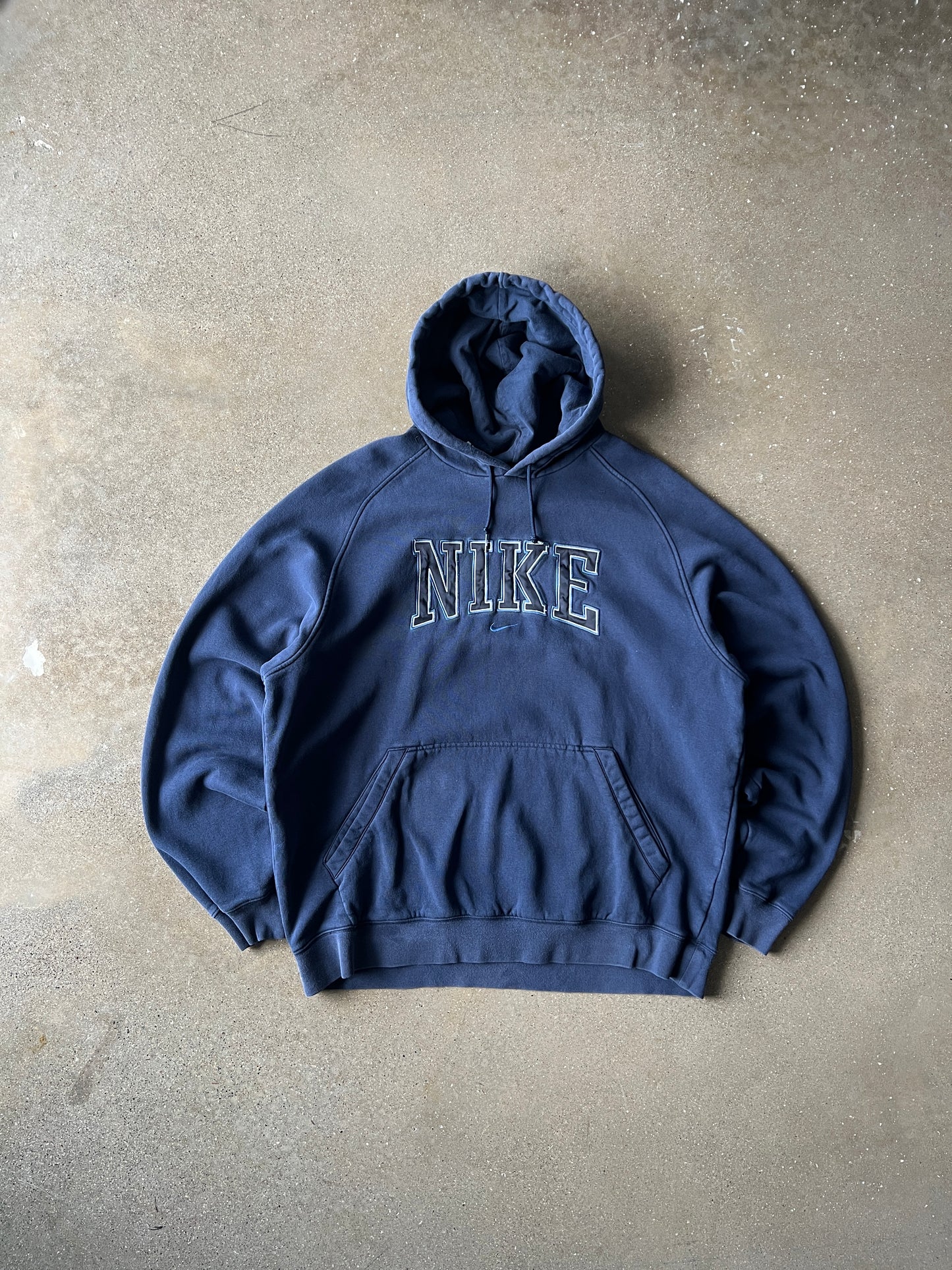 Vintage Navy Blue Nike Spellout Hoodie - L