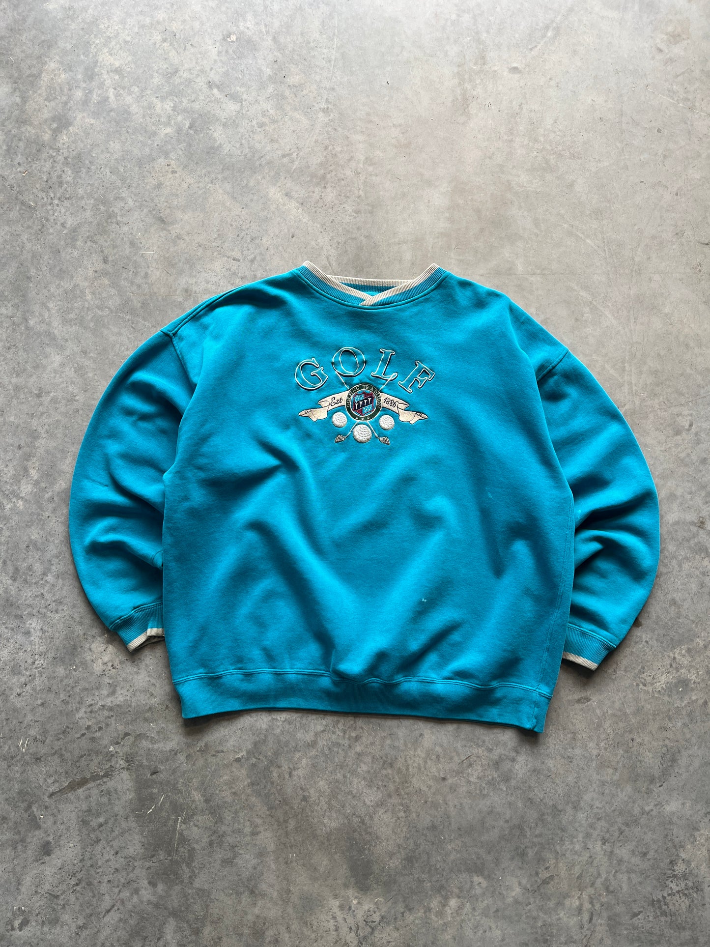 Vintage Baby Blue Golf Spellout Crew - XL