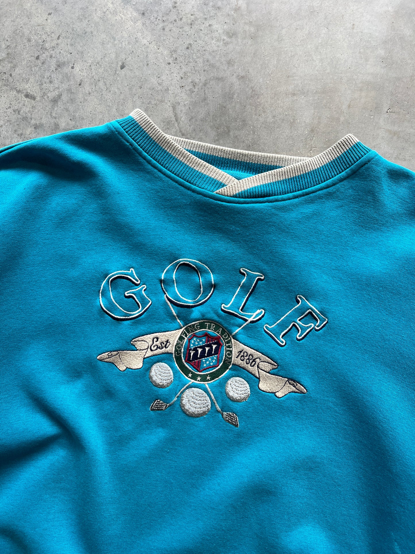 Vintage Baby Blue Golf Spellout Crew - XL