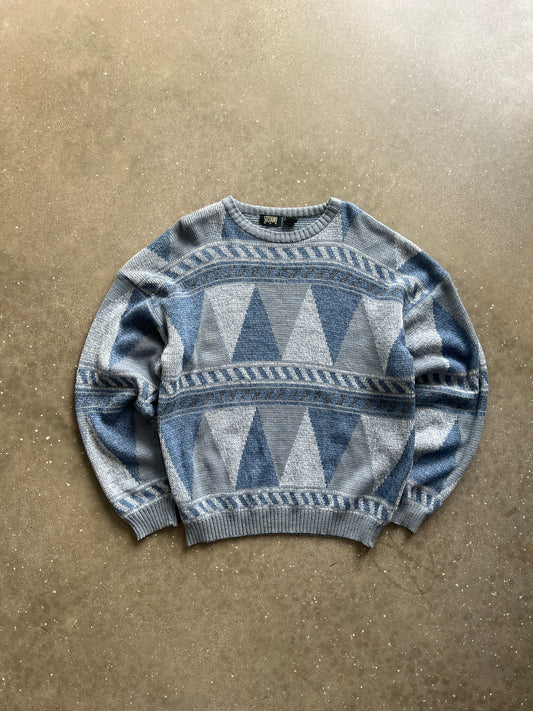 Vintage Blue Geometric Cable Knit Sweater - XL