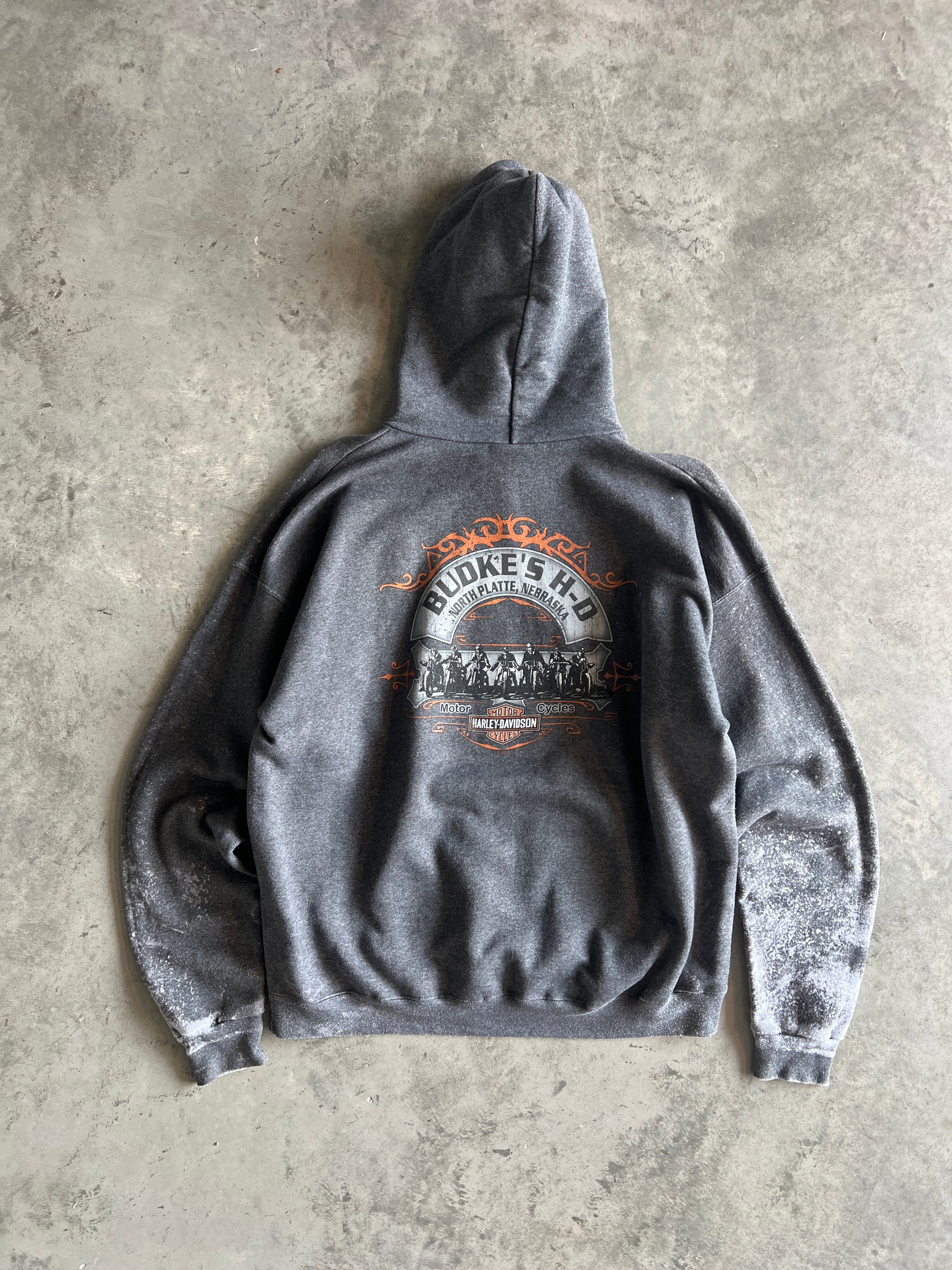Vintage Grey Paint Stained Harley Hoodie - XL