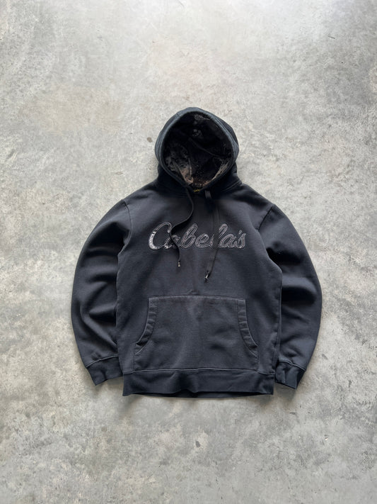 Vintage Jet Black Cabalas Spellout Hoodie - M