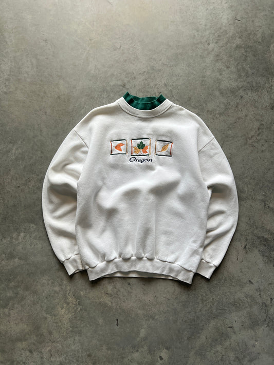 Vintage White Embroidered Oregon Crew - M