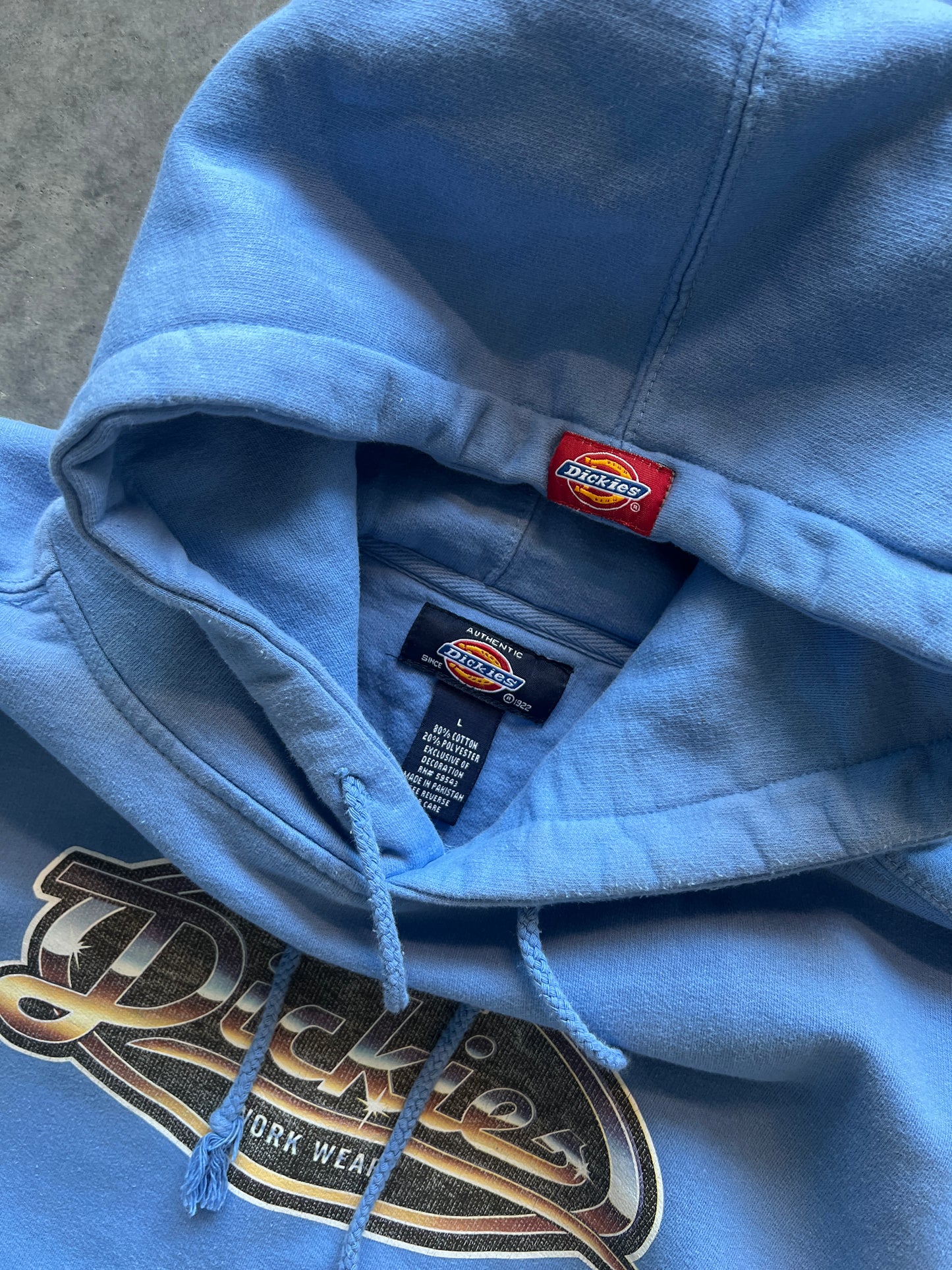 Vintage Sky Blue Dickies Spellout Hoodie - L