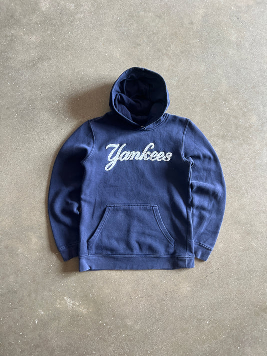 Vintage Navy Blue Yankees Spellout Hoodie - XS
