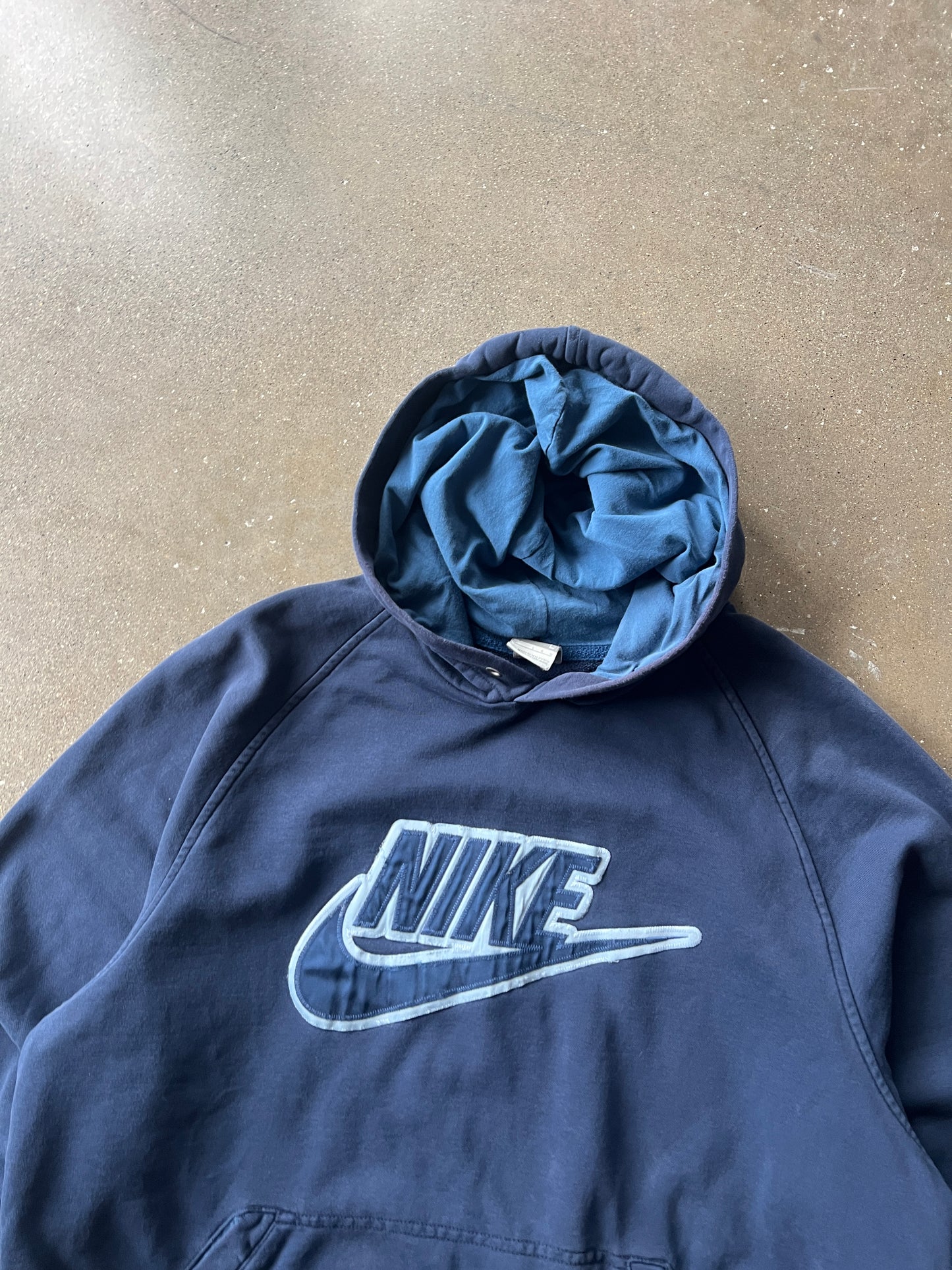 Vintage Faded Blue Nike Spellout Hoodie - L