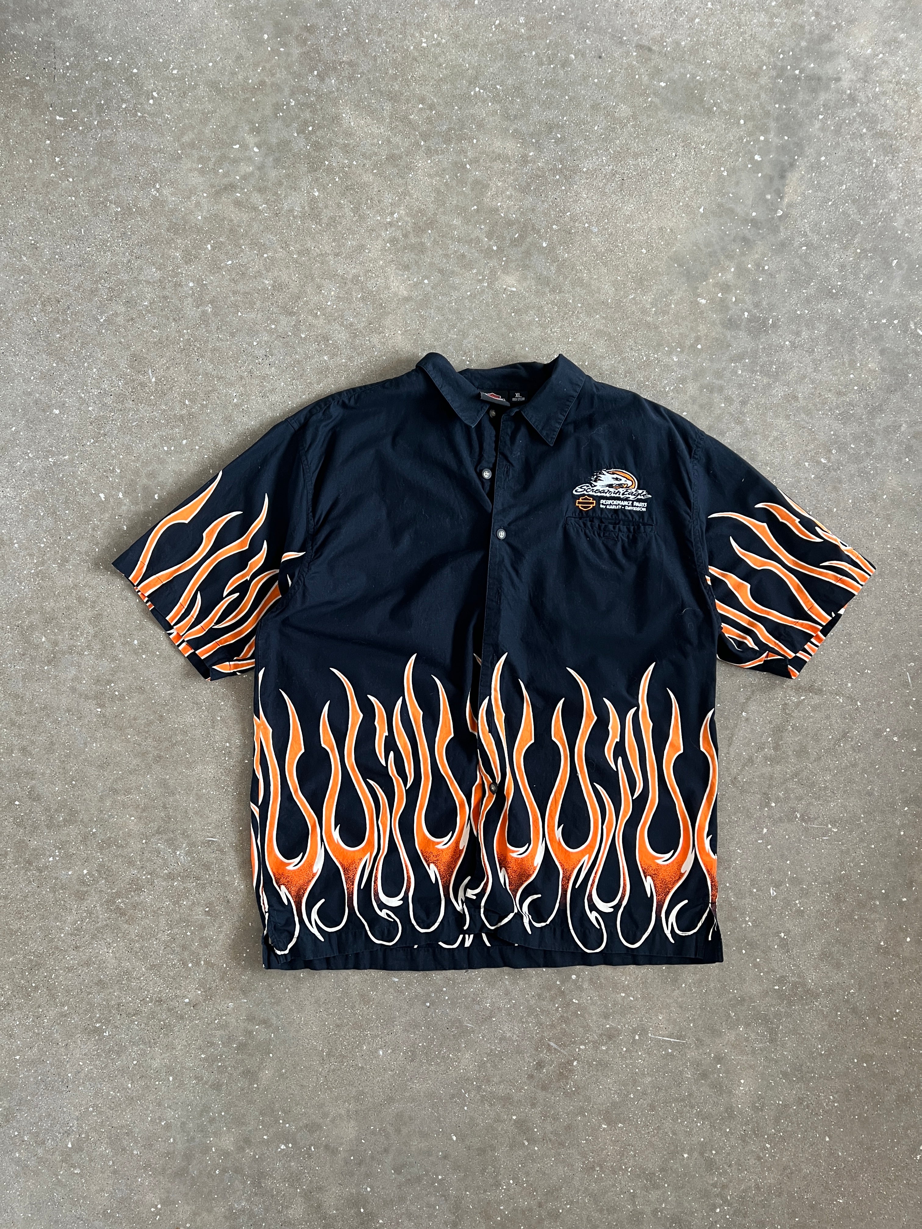 Vintage Black and Flame Harley Davidson Button Down Shirt - XL