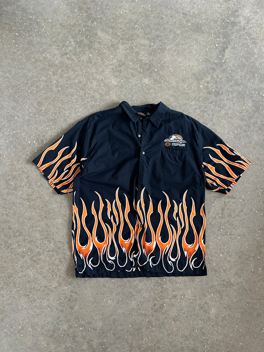 Vintage Black and Flame Harley Davidson Button Down Shirt - XL