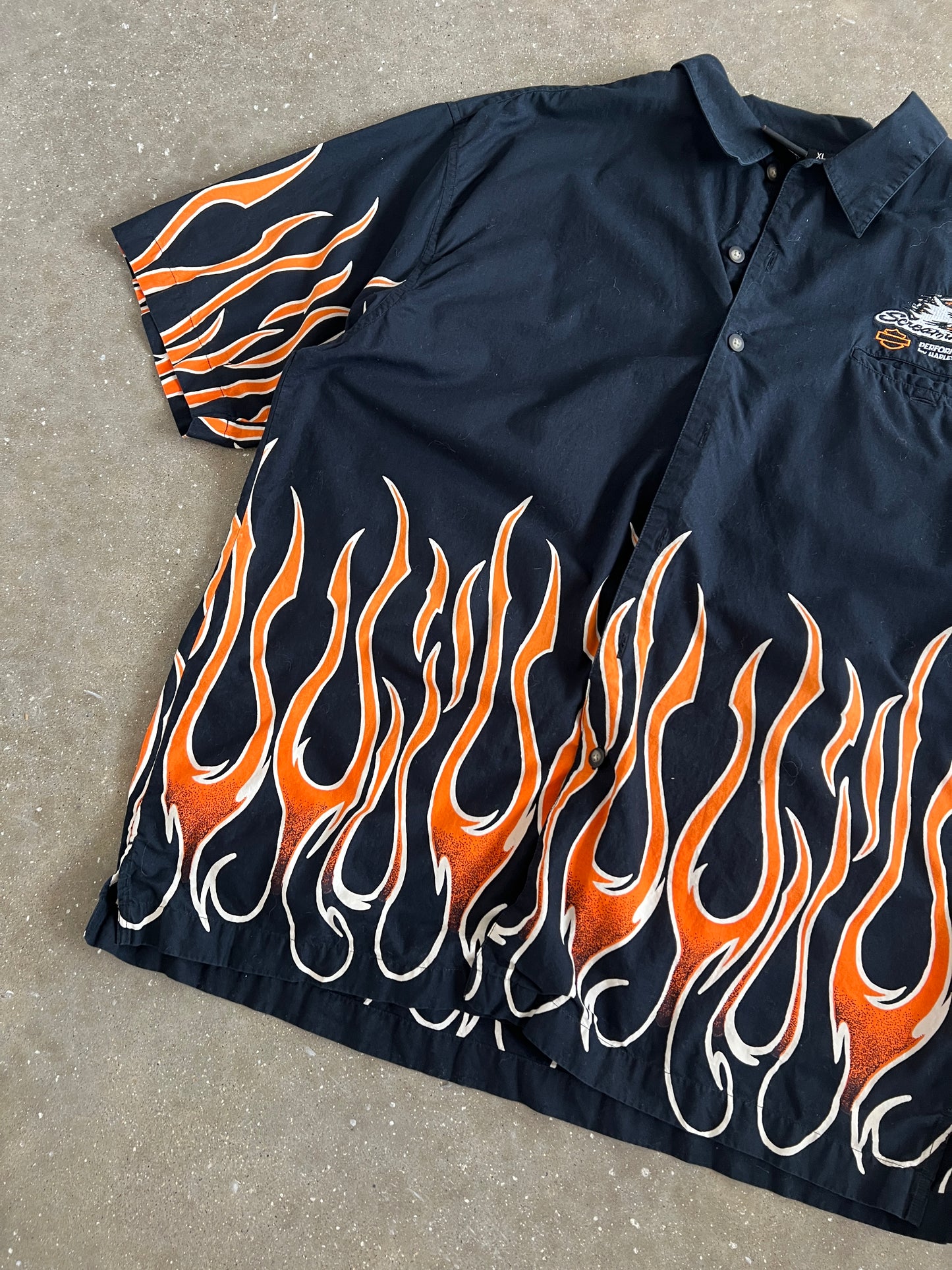 Vintage Black and Flame Harley Davidson Button Down Shirt - XL