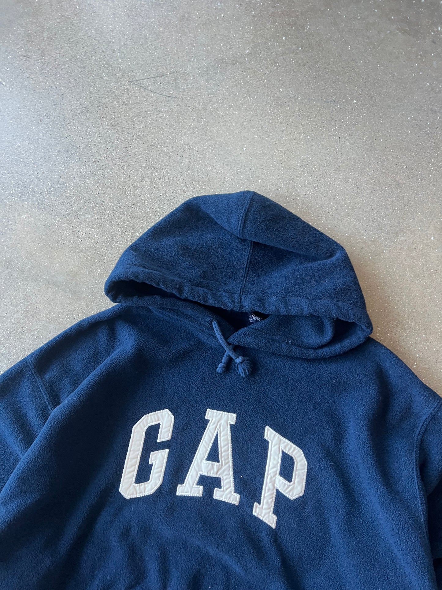 Vintage Navy Blue Gap Spellout Fleece Hoodie - XL