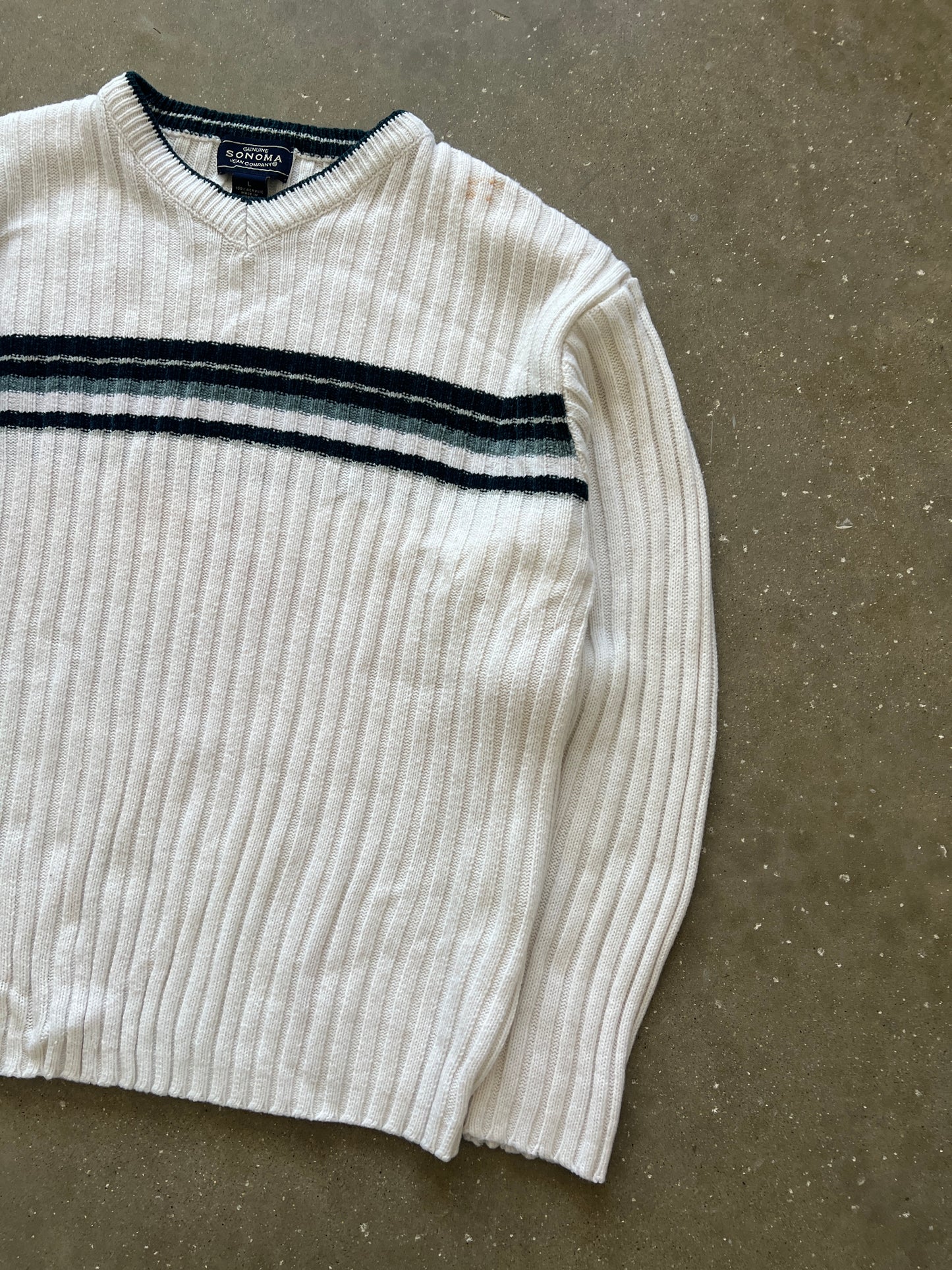 Vintage White Stripped Knit Sweater - L