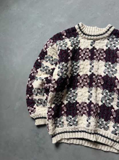 Vintage Cream & Red Knit Sweater - XL