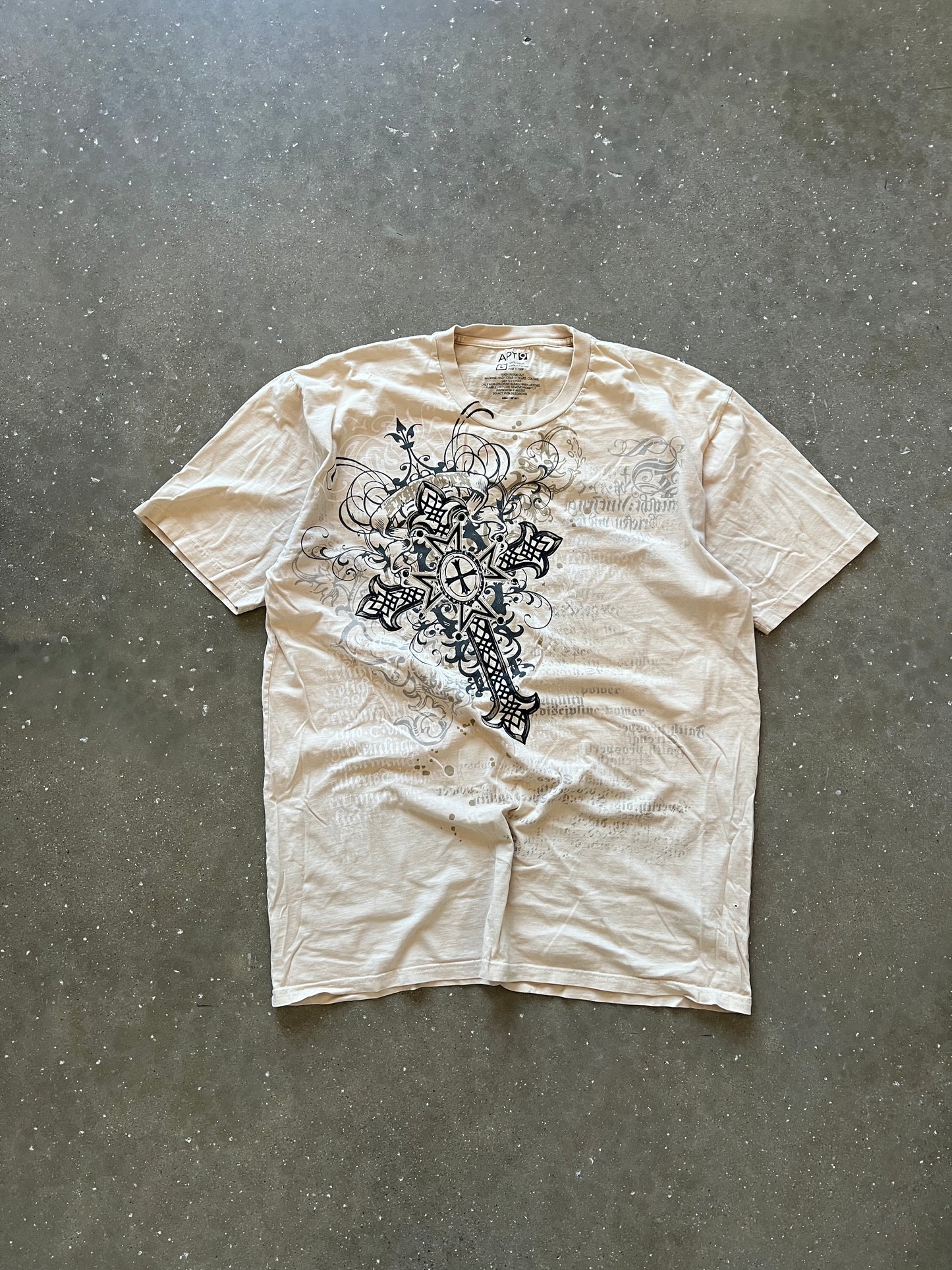 Vintage Cream Affliction Style Cross Shirt - L