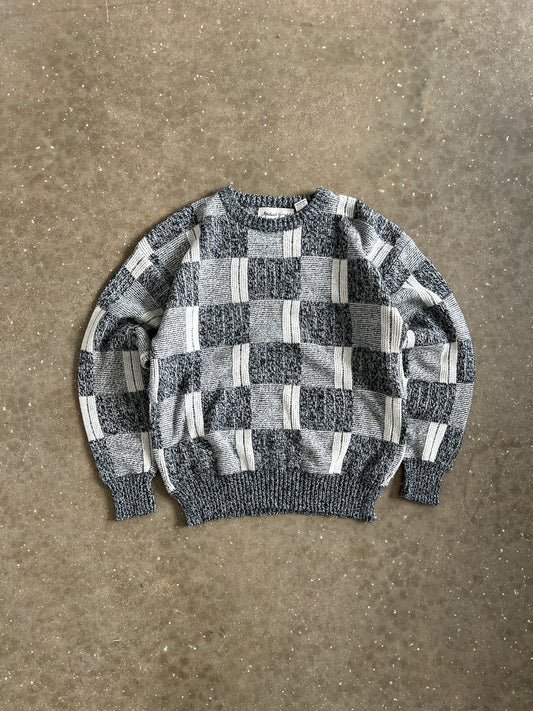 Vintage Black and White Plaid Knit Sweater - M