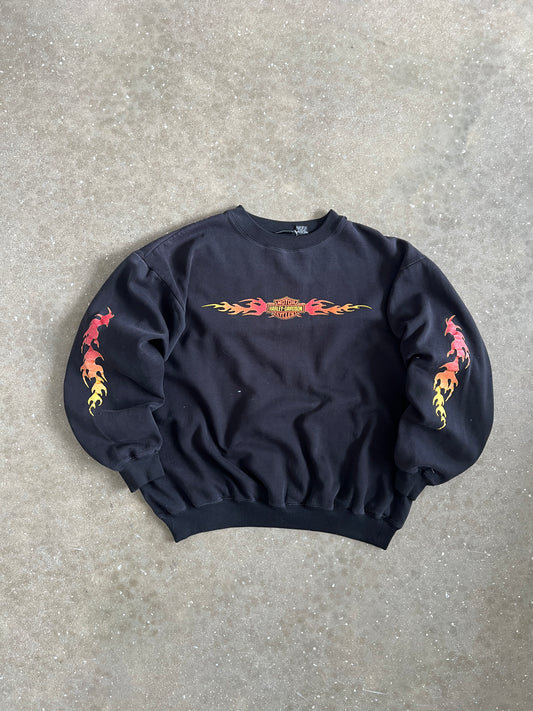 Vintage Black and Flame Harley Davidson Crew - XL