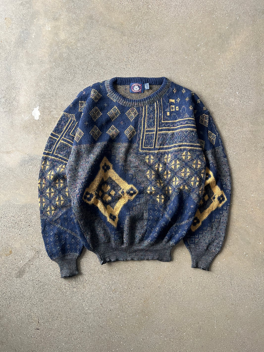 Vintage Blue Yellow Knit Sweater - L
