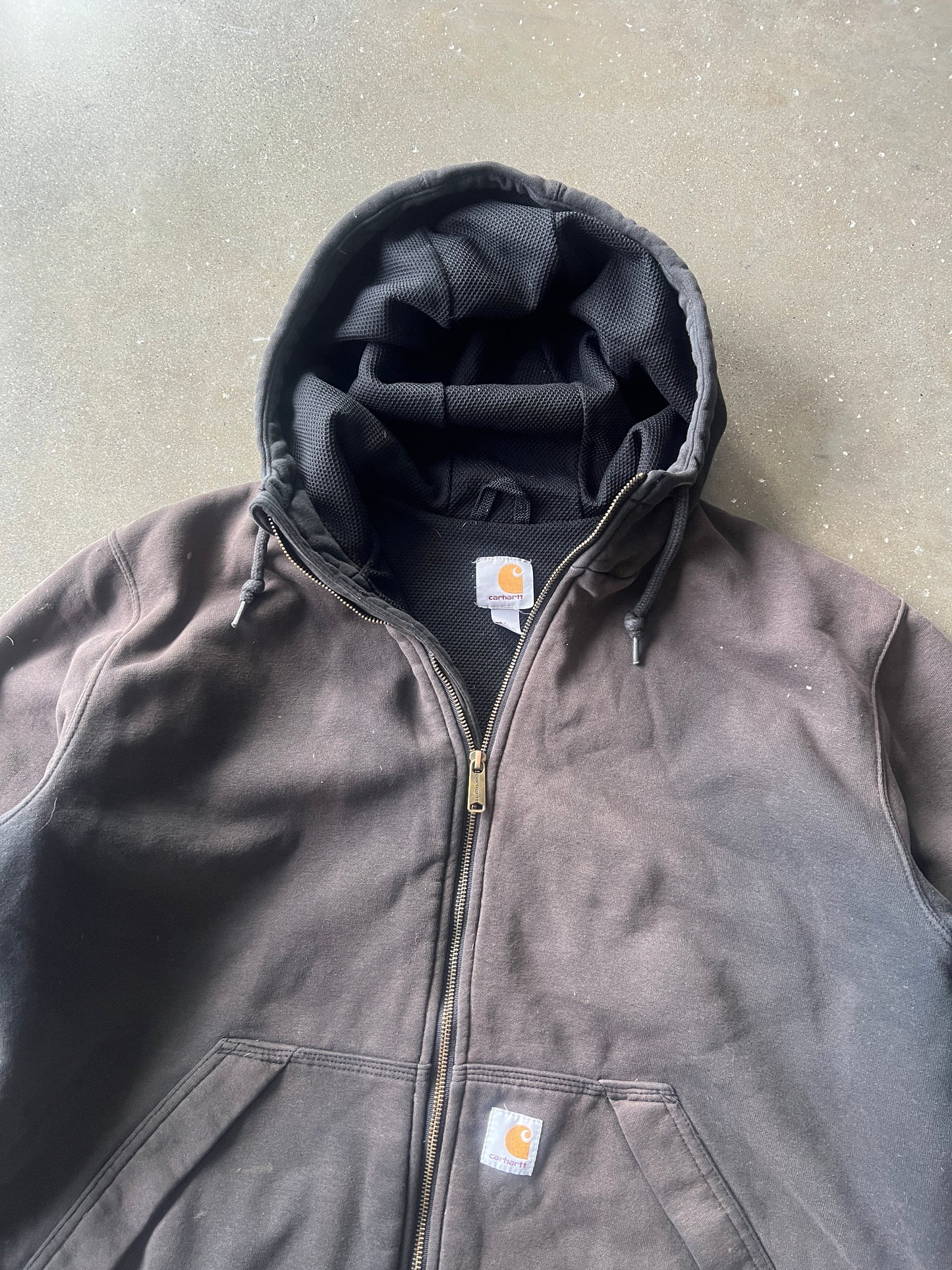 Vintage Faded Black Carhartt Thermal Hoodie - L