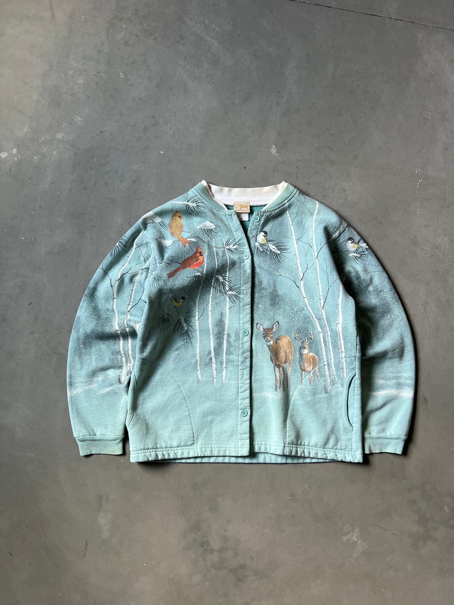 Vintage Teal Blue Winter Wrap Around Crewneck - M