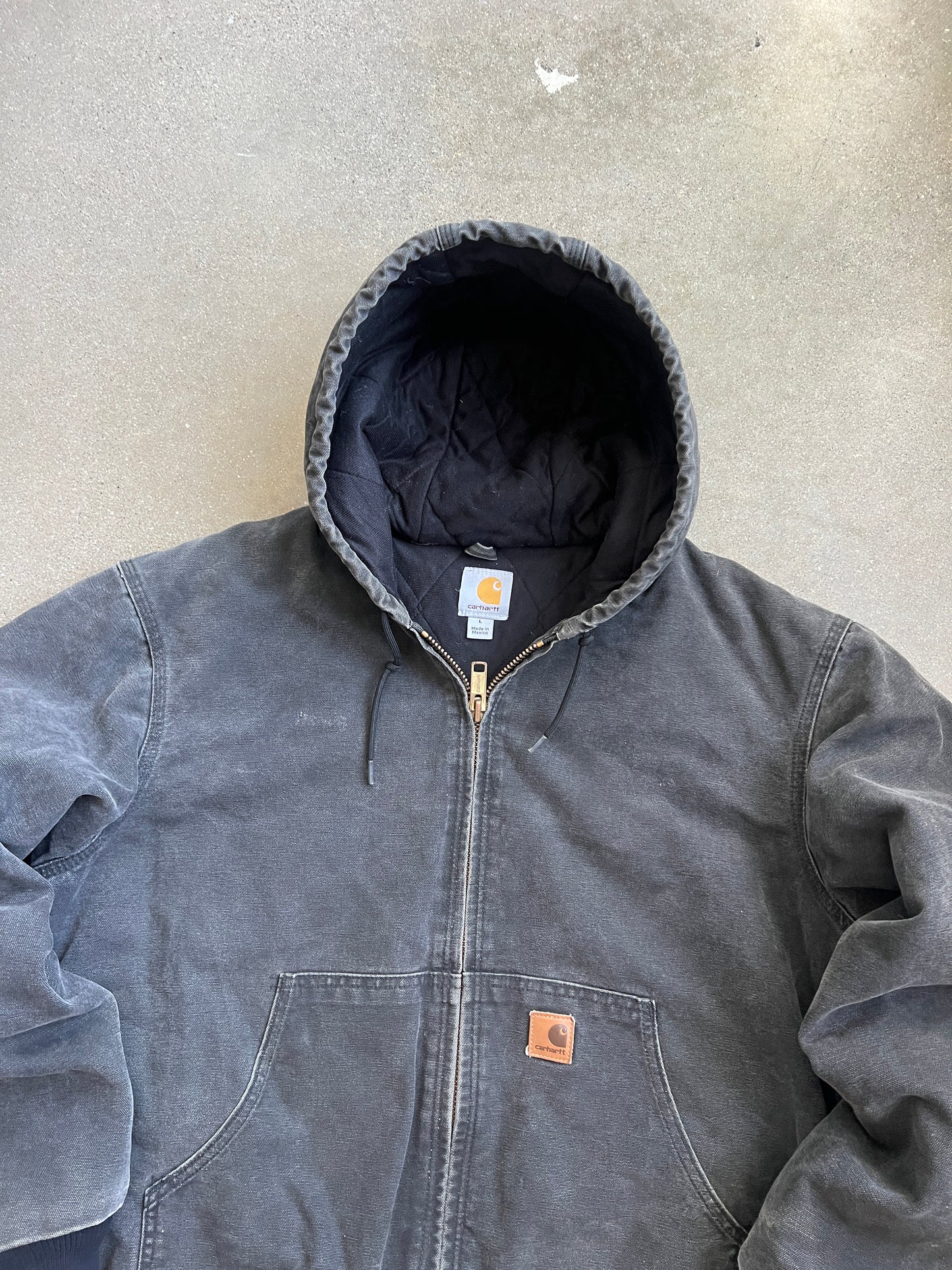 Vintage Faded Black Carhartt Hooded Jacket - L