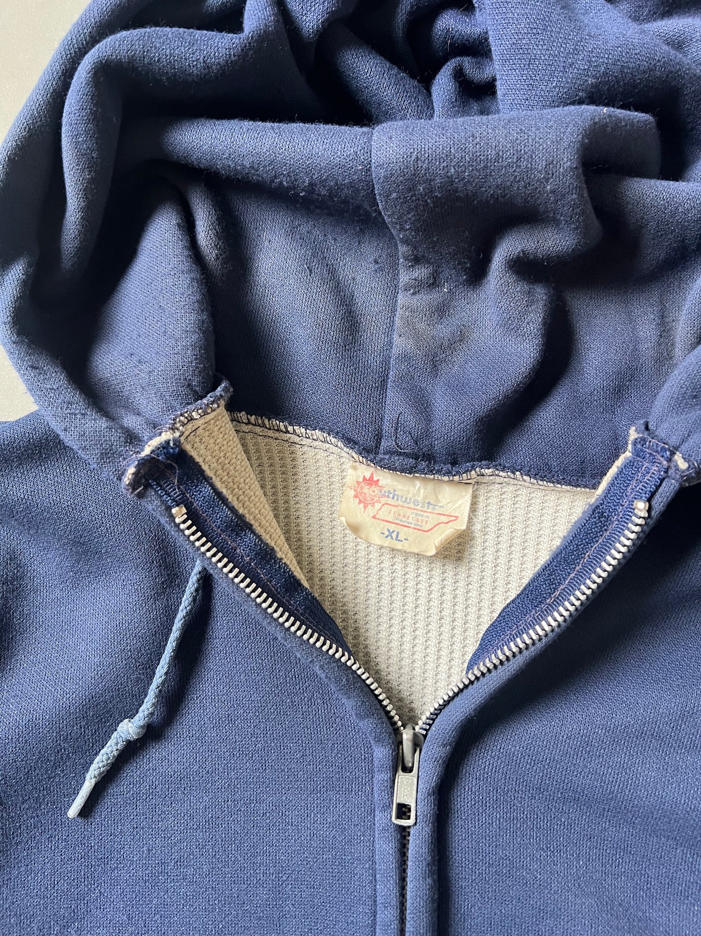 Vintage Navy Blue Waffle Lined Hoodie - L
