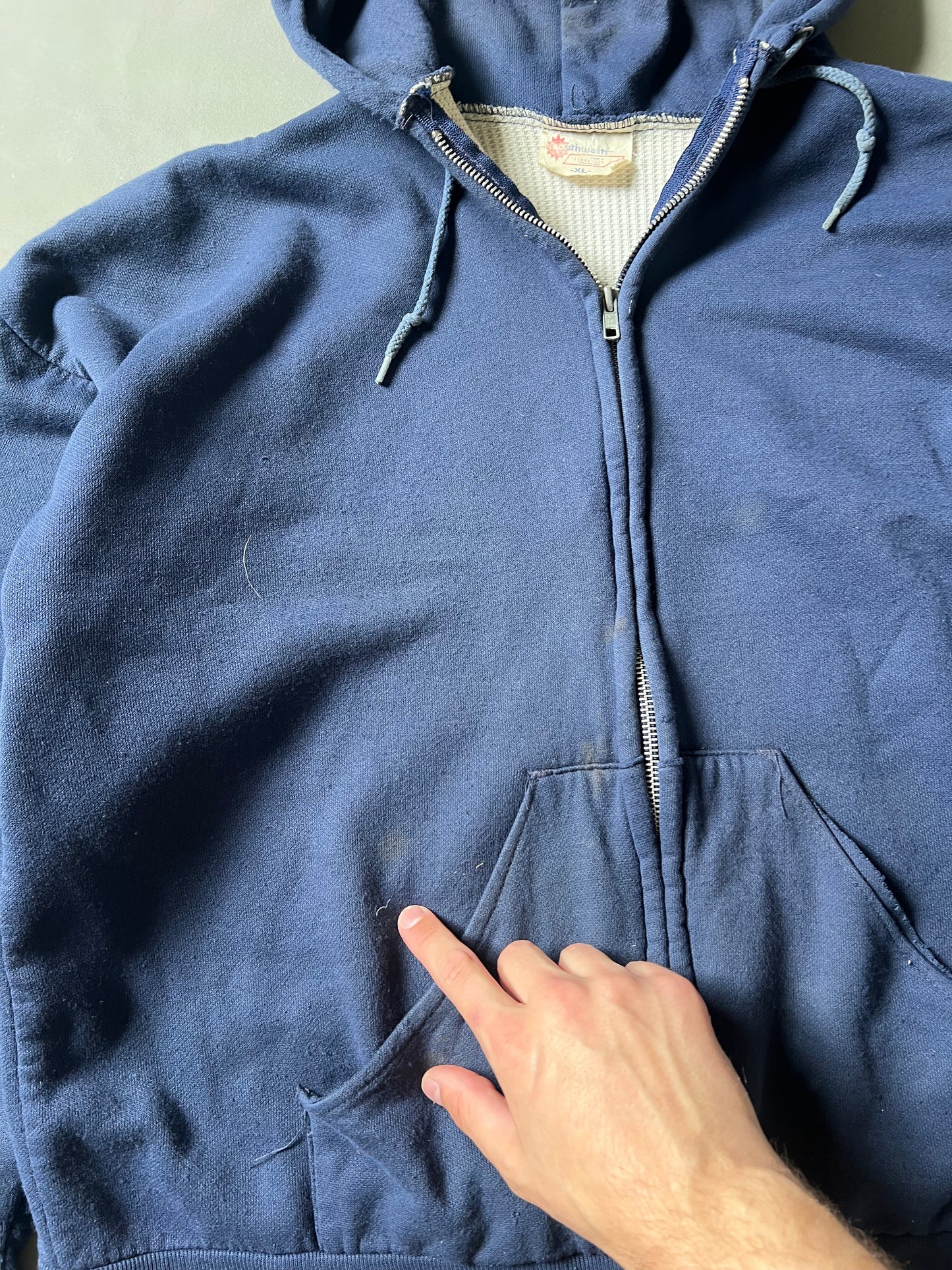 Vintage Navy Blue Waffle Lined Hoodie - L