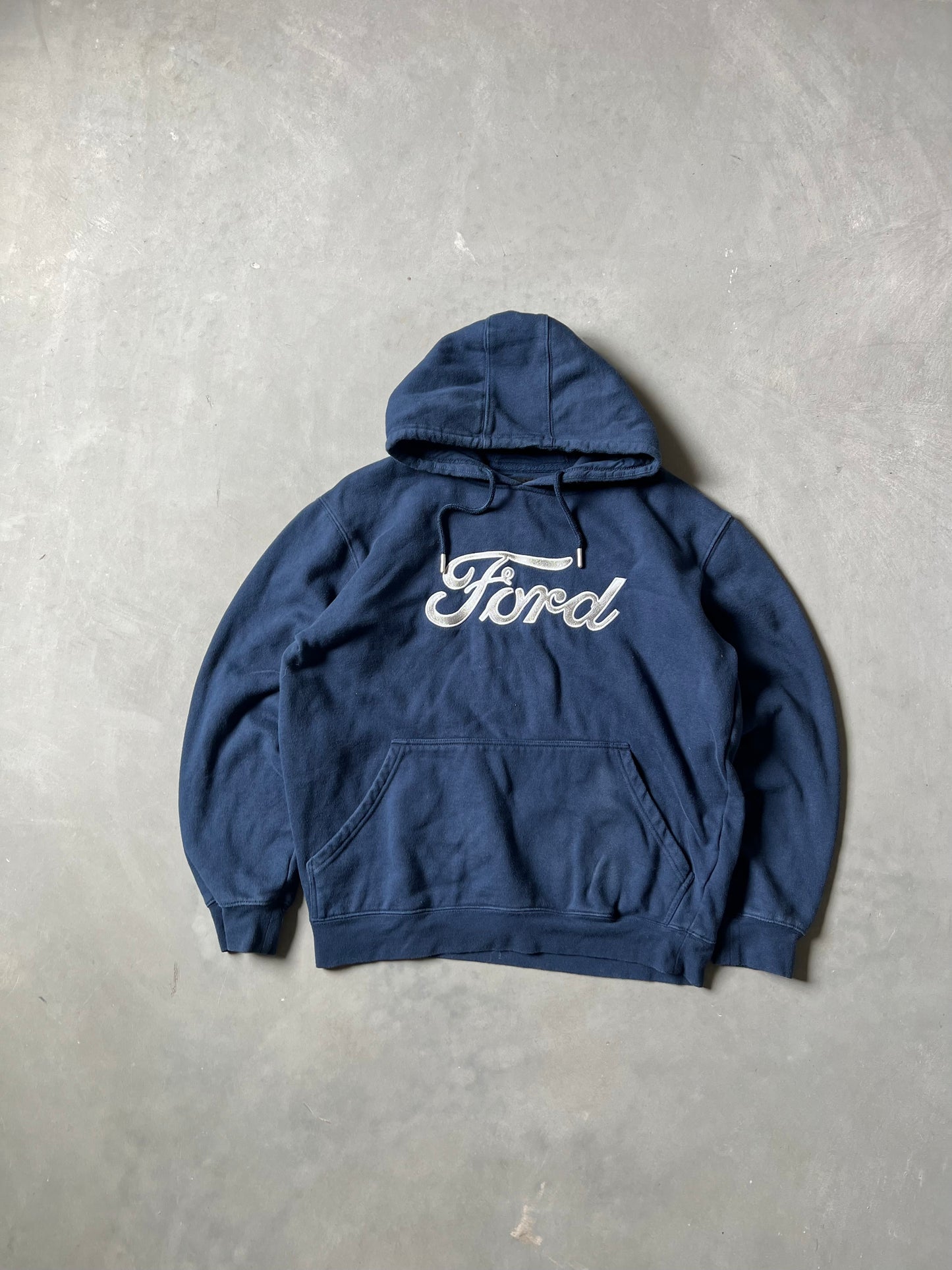 Vintage Navy Blue Ford Spellout Hoodie - L