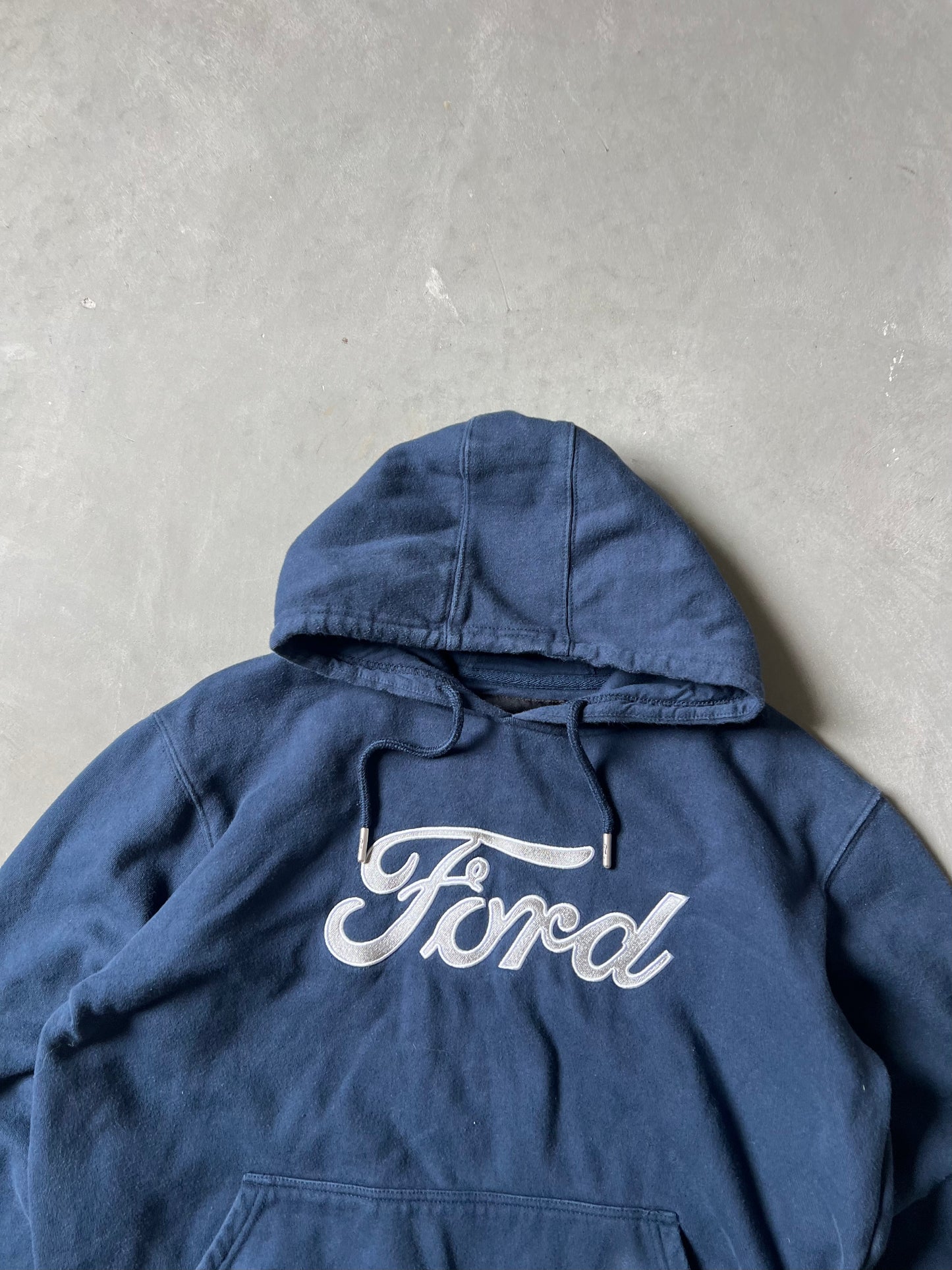 Vintage Navy Blue Ford Spellout Hoodie - L