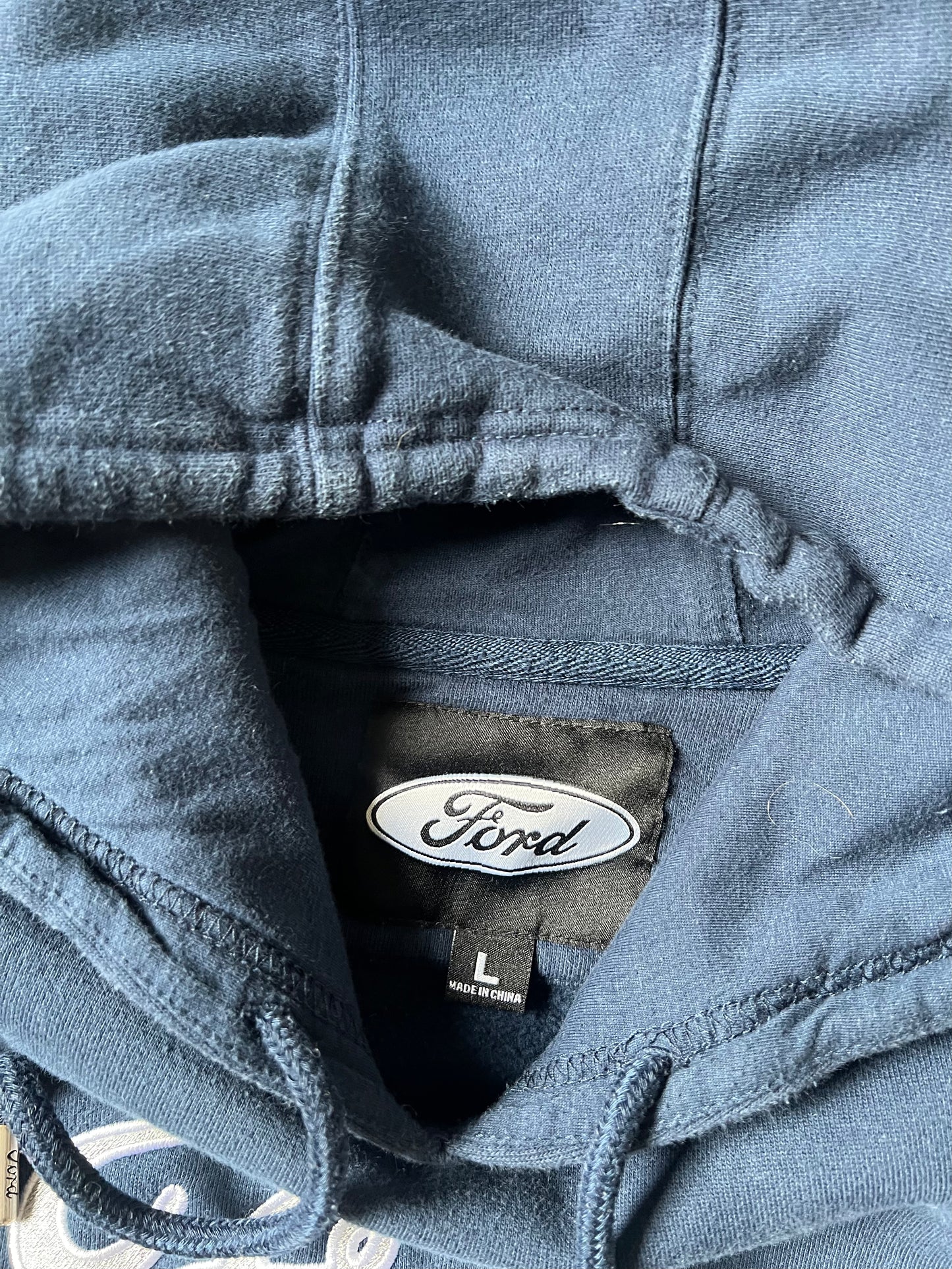 Vintage Navy Blue Ford Spellout Hoodie - L