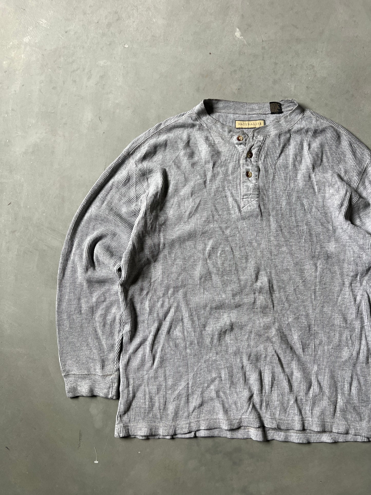 Vintage Grey Thermal Henley Shirt - XL