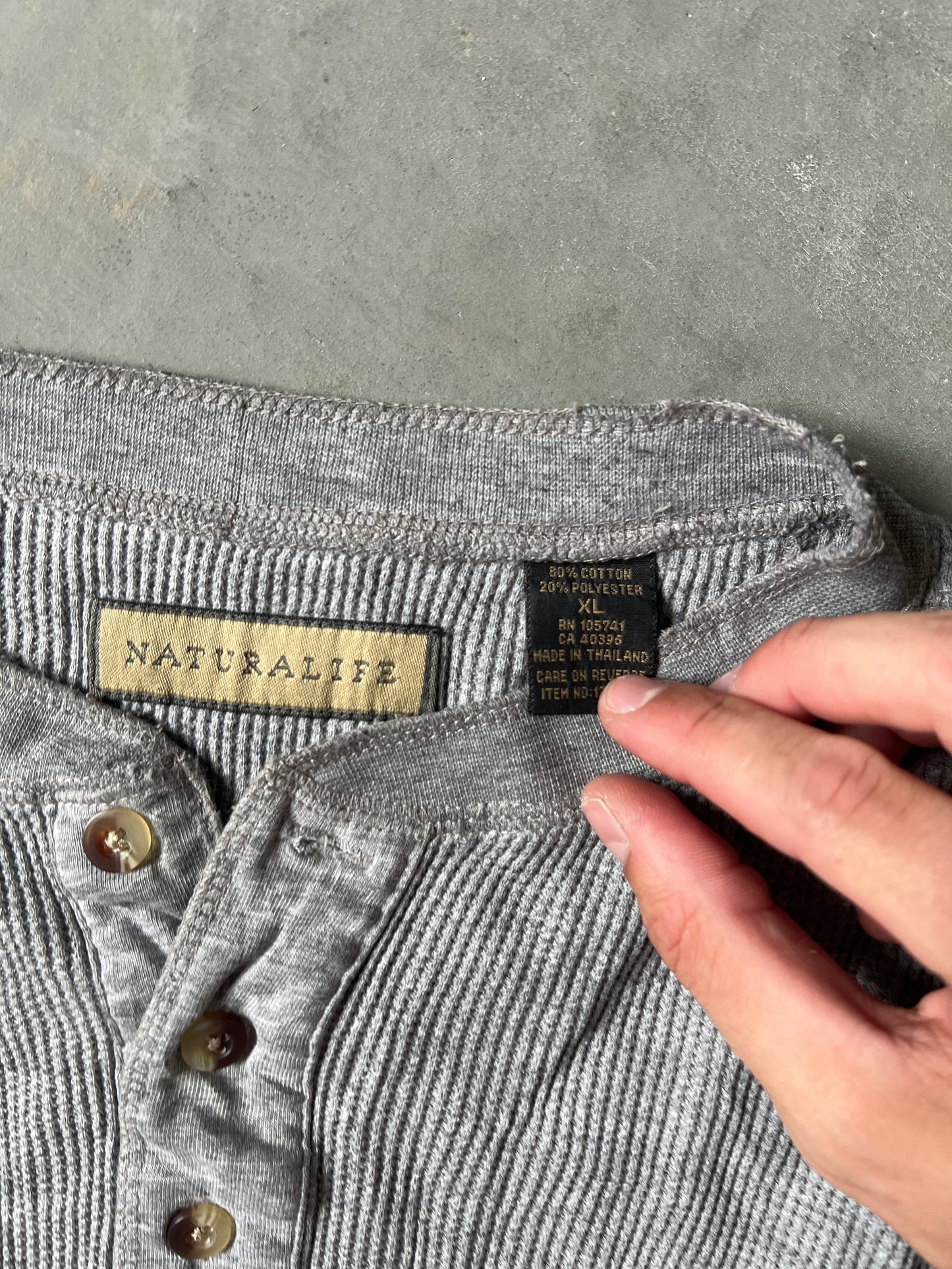 Vintage Grey Thermal Henley Shirt - XL