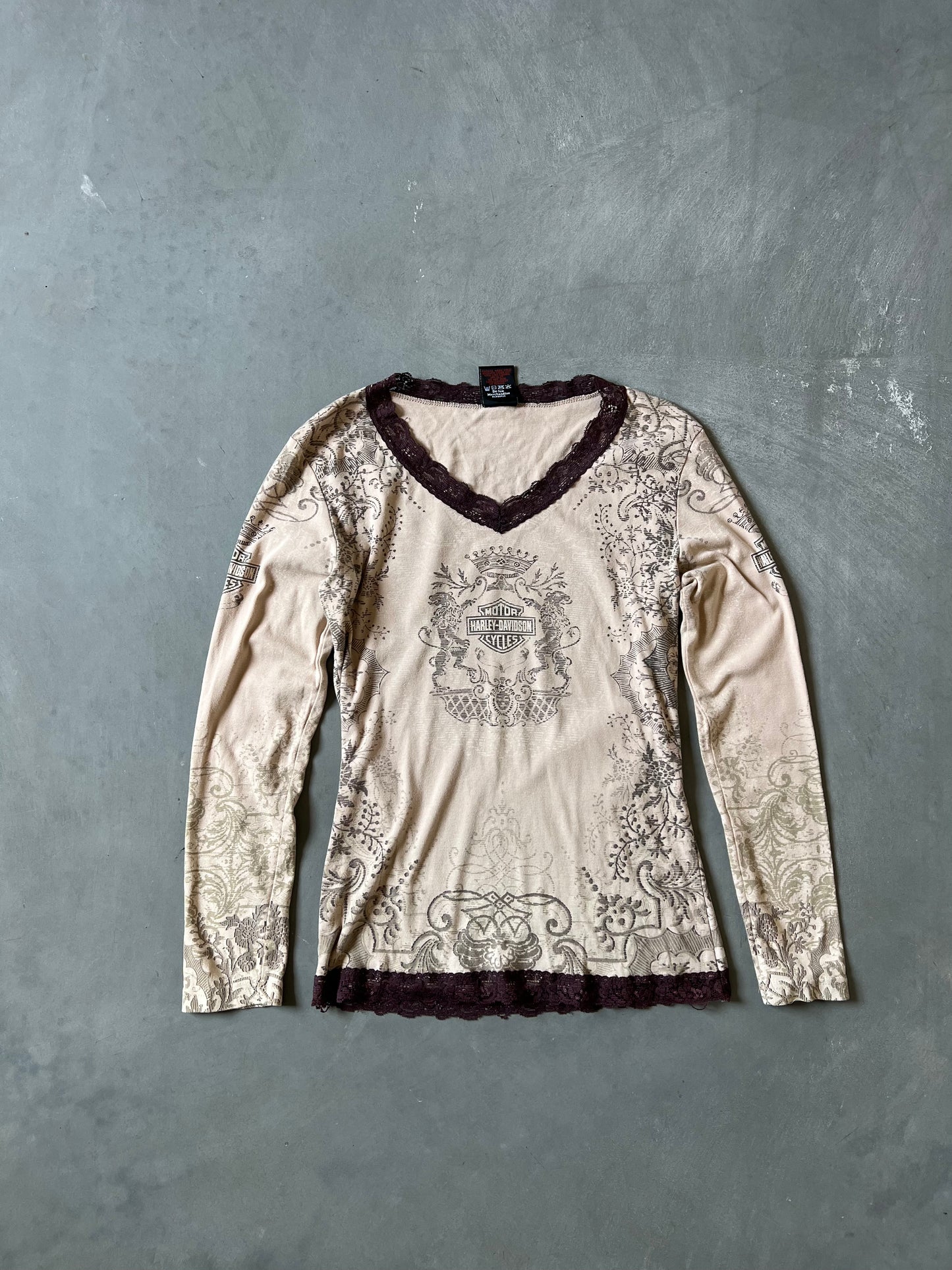 Vintage Brown Harley Davidson Lace Top - L
