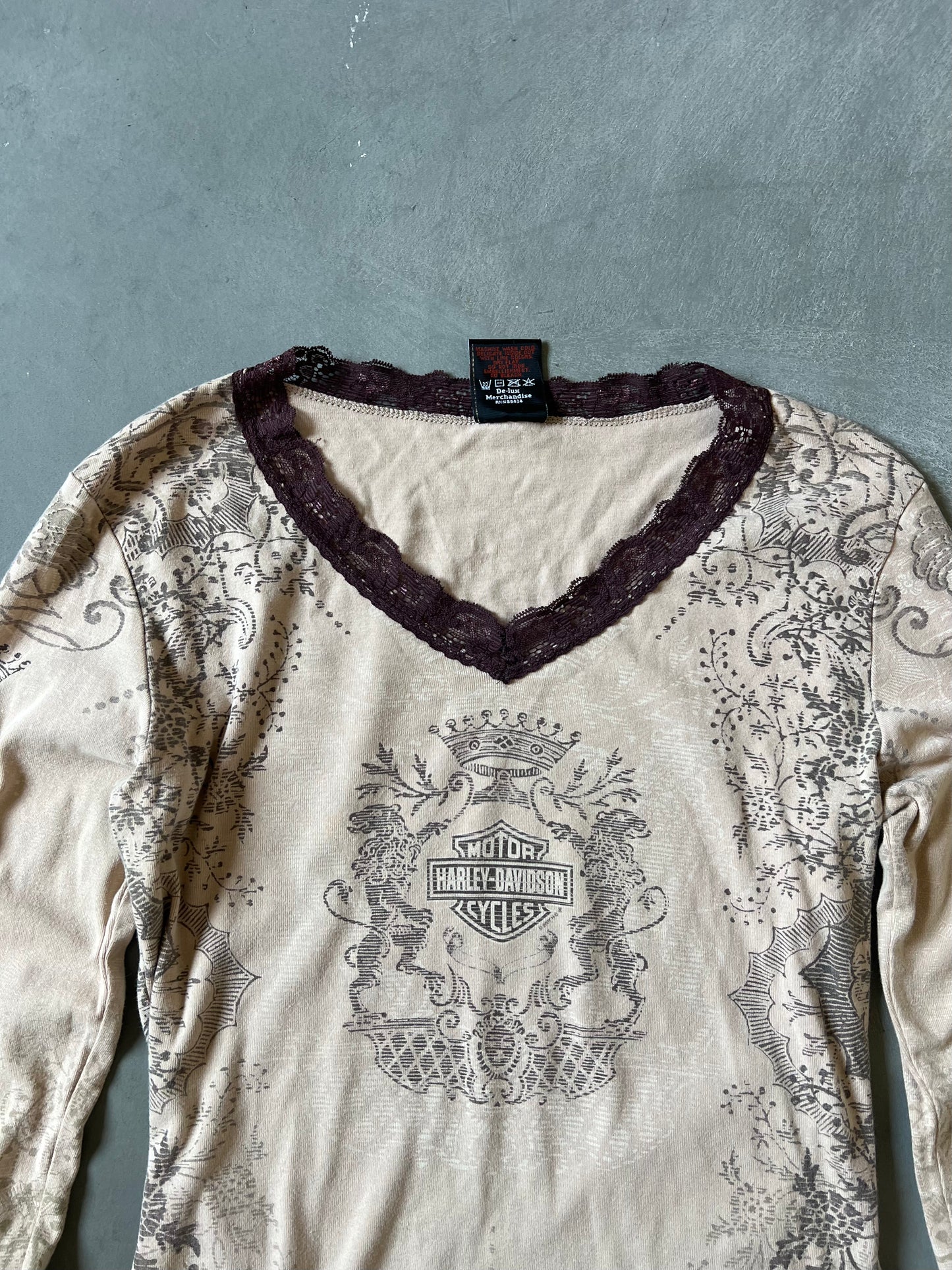 Vintage Brown Harley Davidson Lace Top - L