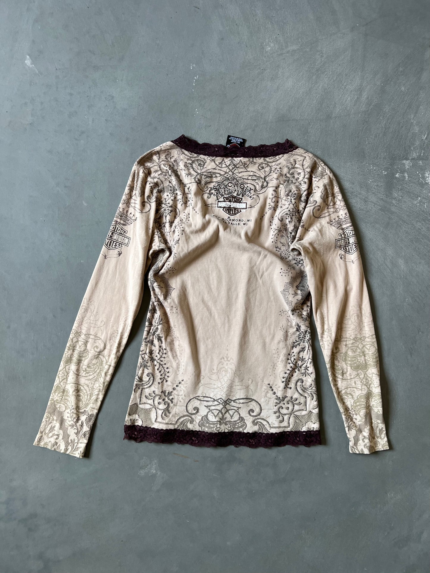 Vintage Brown Harley Davidson Lace Top - L