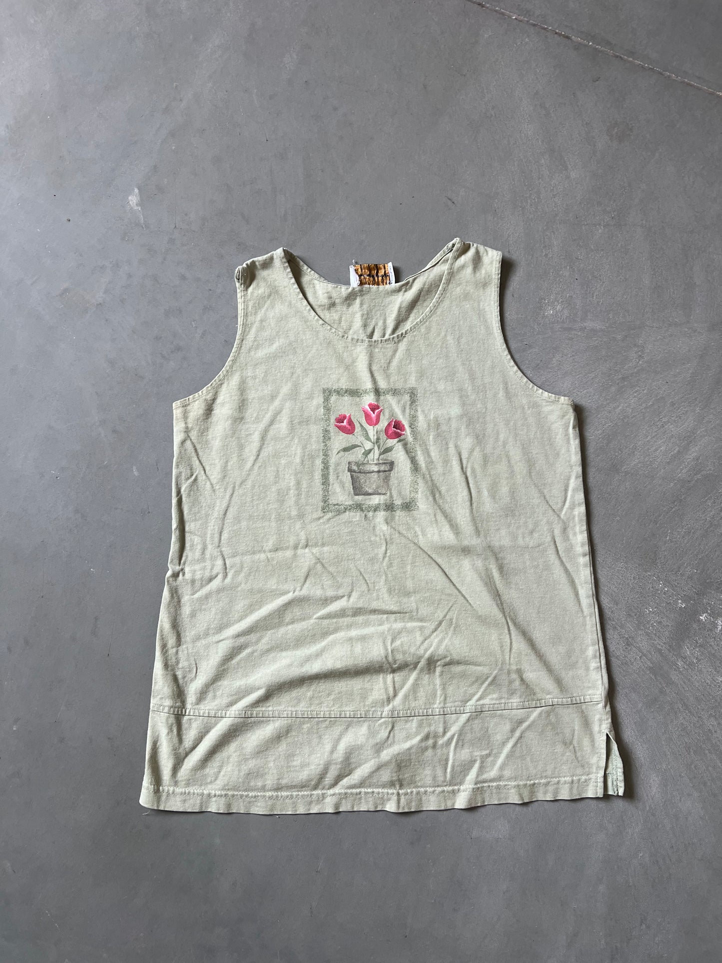 Vintage Green Flower Graphic Tank Top - L