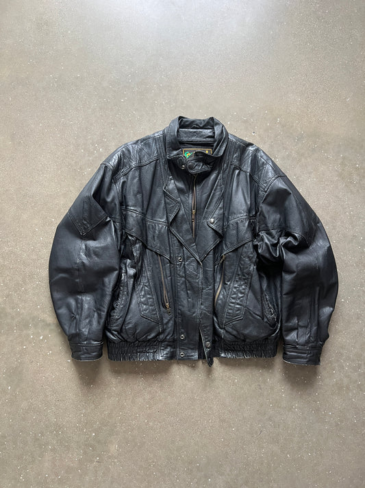 Vintage Black Leather Zip Up Jacket - XL