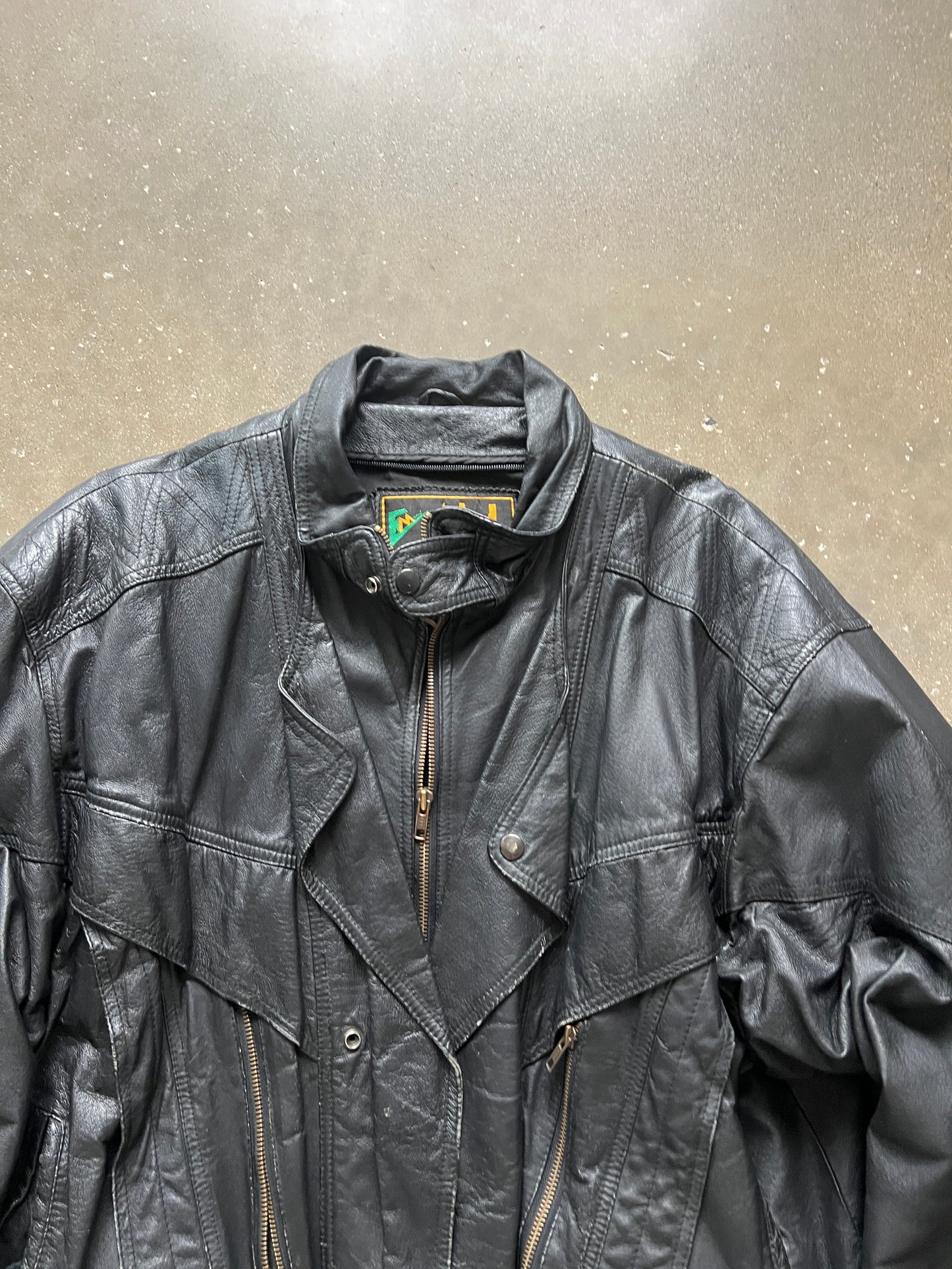 Vintage Black Leather Zip Up Jacket - XL