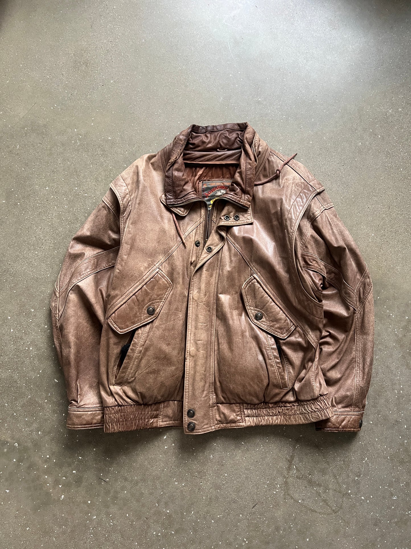 Vintage Coffee Tan Leather Bomber Jacket - XL